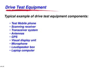 Drive Test Equipment

          Typical example of drive test equipment components:

                      • Test Mobile phone
                      • Scanning receiver
                      • Transceiver system
                      • Antennas
                      • GPS
                      • Visual display unit
                      • Microphone
                      • Loudspeaker box
                      • Laptop computer




     Lucent Technologies Proprietary
e No.35Pursuant to Company Instructions - All Rights Reserved
    Use



                                                                Lucent Technologies - Proprietary
 