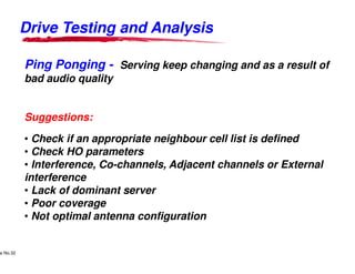 Drive Testing and AnalysisDrive Testing and Analysis
Ping PongingPing Ponging -- Serving keep changing and as a result of
bad audio quality
Suggestions:
• Check if an appropriate neighbour cell list is defined
Lucent Technologies Proprietary
Use Pursuant to Company Instructions - All Rights Reservede No.32
Lucent Technologies
• Check if an appropriate neighbour cell list is defined
• Check HO parameters
• Interference, Co-channels, Adjacent channels or External
interference
• Lack of dominant server
• Poor coverage
• Not optimal antenna configuration
Drive Testing and AnalysisDrive Testing and Analysis
Serving keep changing and as a result of
Check if an appropriate neighbour cell list is defined
Lucent Technologies - Proprietary
Check if an appropriate neighbour cell list is defined
channels, Adjacent channels or External
Not optimal antenna configuration
 