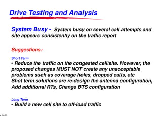 Drive Testing and AnalysisDrive Testing and Analysis
System BusySystem Busy -- System busy on several call attempts and
site appears consistently on the traffic report
Suggestions:
Short Term
• Reduce the traffic on the congested cell/site. However, the
Lucent Technologies Proprietary
Use Pursuant to Company Instructions - All Rights Reservede No.33
Lucent Technologies
• Reduce the traffic on the congested cell/site. However, the
proposed changes MUST NOT create any unacceptable
problems such as coverage holes, dropped calls, etc
Shot term solutions are re-design the antenna configuration,
Add additional RTs, Change BTS configuration
Long Term
• Build a new cell site to off-load traffic
Drive Testing and AnalysisDrive Testing and Analysis
System busy on several call attempts and
site appears consistently on the traffic report
Reduce the traffic on the congested cell/site. However, the
Lucent Technologies - Proprietary
Reduce the traffic on the congested cell/site. However, the
proposed changes MUST NOT create any unacceptable
problems such as coverage holes, dropped calls, etc
design the antenna configuration,
Add additional RTs, Change BTS configuration
load traffic
 