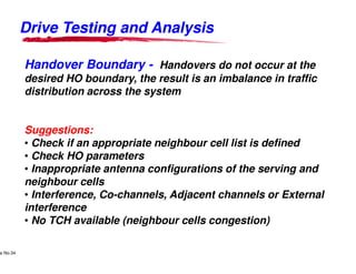 Drive Testing and AnalysisDrive Testing and Analysis
Handover BoundaryHandover Boundary -- Handovers do not occur at the
desired HO boundary, the result is an imbalance in traffic
distribution across the system
Suggestions:
• Check if an appropriate neighbour cell list is defined
Lucent Technologies Proprietary
Use Pursuant to Company Instructions - All Rights Reservede No.34
Lucent Technologies
• Check if an appropriate neighbour cell list is defined
• Check HO parameters
• Inappropriate antenna configurations of the serving and
neighbour cells
• Interference, Co-channels, Adjacent channels or External
interference
• No TCH available (neighbour cells congestion)
Drive Testing and AnalysisDrive Testing and Analysis
Handovers do not occur at the
desired HO boundary, the result is an imbalance in traffic
distribution across the system
Check if an appropriate neighbour cell list is defined
Lucent Technologies - Proprietary
Check if an appropriate neighbour cell list is defined
Inappropriate antenna configurations of the serving and
channels, Adjacent channels or External
No TCH available (neighbour cells congestion)
 