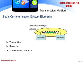 Introduction to
GSM
Transmission Medium
Basic Communication System Elements
 Transmitter
 Receiver
 Transmission Medium
 