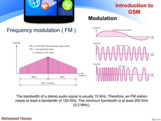 Frequency modulation ( FM )
The bandwidth of a stereo audio signal is usually 15 KHz. Therefore, an FM station
needs at least a bandwidth of 150 KHz. The minimum bandwidth is at least 200 KHz
(0.2 MHz).
Introduction to
GSM
Modulation
 