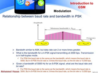 Relationship between baud rate and bandwidth in PSK
 Bandwith similar to ASK, but data rate can 2 or more times greater.
 What is the bandwidth for a 4-PSK signal transmitting at 2000 bps. Transmission
is in half-duplex mode.
 For PSK the baud rate is the same as the bandwidth, which means the baud rate is
5000. But in 8-PSK the bit rate is 3 times the baud rate, so the bit rate is 15,000 bps.
 Given a bandwidth of 5000 Hz for an 8-PSK signal, what are the baud rate and
bit rate?
 For PSK the baud rate is the same as the bandwidth, which means the baud rate is
5000. But in 8-PSK the bit rate is 3 times the baud rate, so the bit rate is 15,000 bps.
Introduction to
GSM
Modulation
 