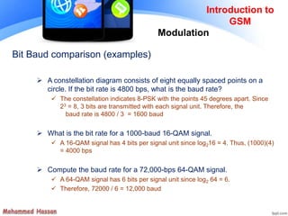  A constellation diagram consists of eight equally spaced points on a
circle. If the bit rate is 4800 bps, what is the baud rate?
 The constellation indicates 8-PSK with the points 45 degrees apart. Since
23 = 8, 3 bits are transmitted with each signal unit. Therefore, the
baud rate is 4800 / 3 = 1600 baud
 What is the bit rate for a 1000-baud 16-QAM signal.
 A 16-QAM signal has 4 bits per signal unit since log216 = 4. Thus, (1000)(4)
= 4000 bps
 Compute the baud rate for a 72,000-bps 64-QAM signal.
 A 64-QAM signal has 6 bits per signal unit since log2 64 = 6.
 Therefore, 72000 / 6 = 12,000 baud
Bit Baud comparison (examples)
Introduction to
GSM
Modulation
 