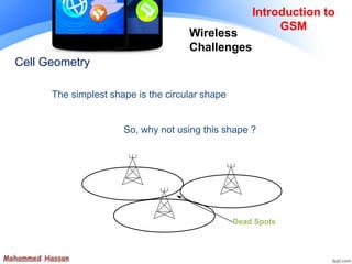 Cell Geometry
The simplest shape is the circular shape
So, why not using this shape ?
Dead Spots
Introduction to
GSM
Wireless
Challenges
 