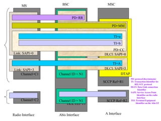 SCCP Ref=R2 TRX:TEI=T1 Channel ID = N1 SCCP Ref=R1 DTAP DLCI: SAPI=3 DLCI: SAPI=0 Channel=C1 Link: SAPI=3 Link: SAPI=0 PD=CC TI=a TI=b PD=MM PD=RR TI=A MS BSC MSC Channel=C2 Channel ID = N1 Radio Interface Abis Interface A Interface PD: protocol discriminator TI: Transaction Identifier for RIL3-CC protocol DLCI: Data Link connection  Identifier SAPI: Service Access Point  Identifier on the radio Interface TEI: Terminal Equipment  Identifier on the Abis I/F 