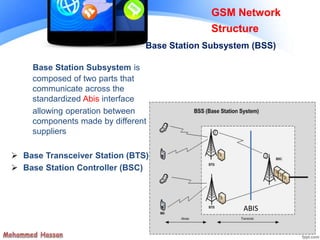 Base Station Subsystem is
composed of two parts that
communicate across the
standardized Abis interface
allowing operation between
components made by different
suppliers
 Base Transceiver Station (BTS)
 Base Station Controller (BSC)
GSM Network
Structure
Base Station Subsystem (BSS)
ABIS
 