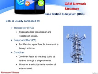 GSM Network
Structure
Base Station Subsystem (BSS)
BTS is usually composed of:
 Transceiver (TRX)
 It basically does transmission and
reception of signals.
 Power amplifier (PA)
 Amplifies the signal from for transmission
through antenna
 Combiner
 Combines feeds so that they could be
sent out through a single antenna.
 Allows for a reduction in the number of
antenna used.
 