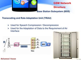 Transcoding and Rate Adaptation Unit (TRAU)
 Used for Speach Compression / Decompression
 Used for the Adaptation of Data to the Requirement of Air
Interface
GSM Network
Structure
Base Station Subsystem (BSS)
 