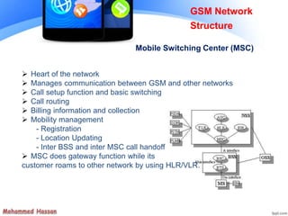  Heart of the network
 Manages communication between GSM and other networks
 Call setup function and basic switching
 Call routing
 Billing information and collection
 Mobility management
- Registration
- Location Updating
- Inter BSS and inter MSC call handoff
 MSC does gateway function while its
customer roams to other network by using HLR/VLR.
GSM Network
Structure
Mobile Switching Center (MSC)
 