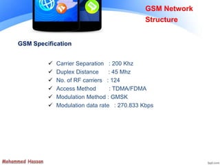 GSM Specification
 Carrier Separation : 200 Khz
 Duplex Distance : 45 Mhz
 No. of RF carriers : 124
 Access Method : TDMA/FDMA
 Modulation Method : GMSK
 Modulation data rate : 270.833 Kbps
GSM Network
Structure
 
