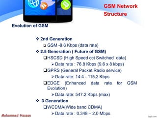 Evolution of GSM
 2nd Generation
 GSM -9.6 Kbps (data rate)
 2.5 Generation ( Future of GSM)
HSCSD (High Speed cct Switched data)
Data rate : 76.8 Kbps (9.6 x 8 kbps)
GPRS (General Packet Radio service)
Data rate: 14.4 - 115.2 Kbps
EDGE (Enhanced data rate for GSM
Evolution)
Data rate: 547.2 Kbps (max)
 3 Generation
WCDMA(Wide band CDMA)
Data rate : 0.348 – 2.0 Mbps
GSM Network
Structure
 