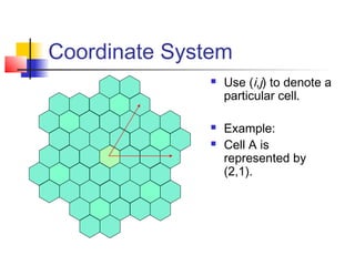 Coordinate System
                 Use (i,j) to denote a
                  particular cell.

                 Example:
                 Cell A is
                  represented by
                  (2,1).
 