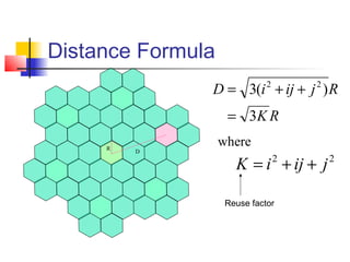 Distance Formula
               D = 3(i + ij + j ) R
                              2       2


                    = 3K R
     R
                   where
         D

                      K = i + ij + j
                                  2       2



                    Reuse factor
 
