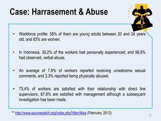 Case: Harrasement & Abuse
• Workforce profile: 58% of them are young adults between 20 and 24 years
old, and 83% are women...