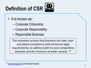Definition of CSR
• It is known as:
– Corporate Citizenship
– Corporate Responsibility
– Responsible Business
The voluntar...