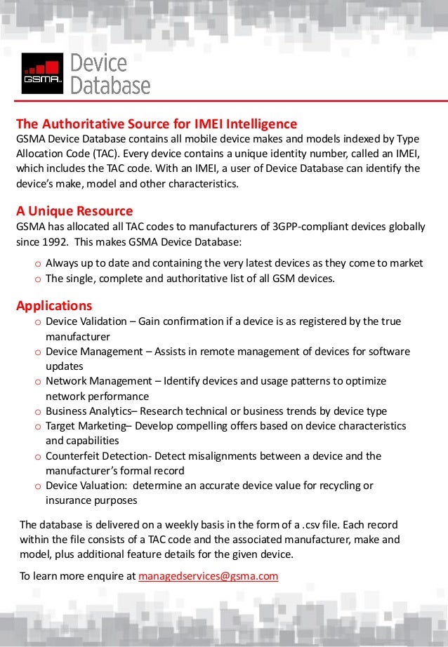 gsma device database imei full form