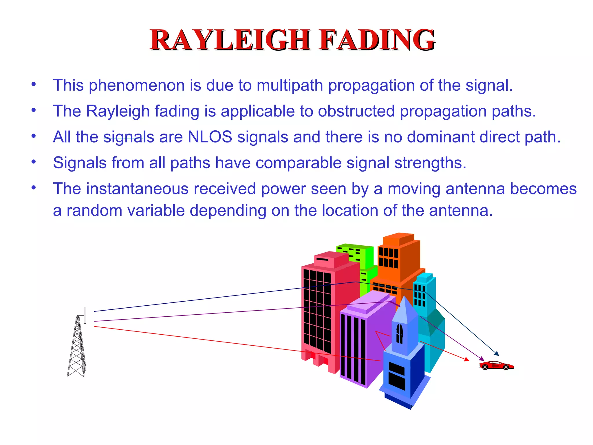 RAYLEIGH FADING This phenomenon is due to multipath propagation of the signal. The Rayleigh fading is applicable to obstructed propagation paths.  All the signals are NLOS signals and there is no dominant direct path. Signals from all paths have comparable signal strengths. The instantaneous received power seen by a moving antenna  becomes a random variable depending on the location of the antenna.  