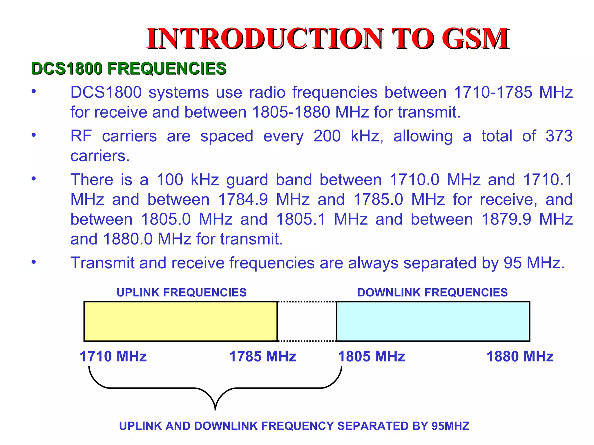 1710 MHz 1880 MHz 1805 MHz 1785 MHz UPLINK FREQUENCIES DOWNLINK FREQUENCIES UPLINK AND DOWNLINK FREQUENCY SEPARATED BY 95MHZ DCS1800 FREQUENCIES DCS1800 systems use radio frequencies between 1710-1785 MHz for receive and between 1805-1880 MHz for transmit. RF carriers are spaced every 200 kHz, allowing a total of 373 carriers. There is a 100 kHz guard band between 1710.0 MHz and 1710.1 MHz and between 1784.9 MHz and 1785.0 MHz for receive, and between 1805.0 MHz and 1805.1 MHz and between 1879.9 MHz and 1880.0 MHz for transmit. Transmit and receive frequencies are always separated by 95 MHz. INTRODUCTION TO  GSM 