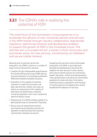 | Delivering the digital future54
THE MOBILE ECONOMY 2015
Working with its partners across the
ecosystem, the GSMA is acti...