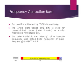 Frequency Correction Burst
 This burst format is used by FCCH channel only.
 The whole data space (142 bits) is used for
unmodulated carrier (pure sinusoid) or carrier
modulated with all zero bits.
 This pure carrier is the ‘identity’ of a beacon
frequency (also called BCCH-frequency or base-
frequency) and FCCH slot
 