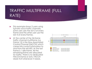 TRAFFIC MULTIFRAME (FULL
RATE)
 This example shows 2 users using
full rate voice traffic channels.
(One user uses the slot 2 at every
frame and the other user use the
slot 4 at every frame).
 At the center of the 26-frame
traffic channel multiframe (i.e,
Frame 12) is the Slow Associated
Control Channel (SACCH) which
carries link control information to
and from the MS–BTS. At the last
frame is 1 idle frame. All the
remaining frame are allocated
for Traffic. There is no dedicated
FACCH frame or slots. FACCH
steals TCH whenever it needs.
 