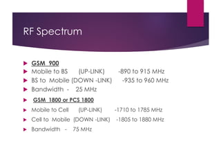 RF Spectrum
 GSM 900
 Mobile to BS (UP-LINK) -890 to 915 MHz
 BS to Mobile (DOWN -LINK) -935 to 960 MHz
 Bandwidth - 25 MHz
 GSM 1800 or PCS 1800
 Mobile to Cell (UP-LINK) -1710 to 1785 MHz
 Cell to Mobile (DOWN -LINK) -1805 to 1880 MHz
 Bandwidth - 75 MHz
 