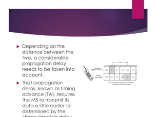  Depending on the
distance between the
two, a considerable
propagation delay
needs to be taken into
account.
 That propagation
delay, known as timing
advance (TA), requires
the MS to transmit its
data a little earlier as
determined by the
 