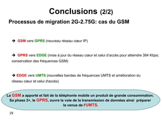 Conclusions   (2/2) Processus de migration 2G-2.75G: cas du GSM      GSM  vers  GPRS  (nouveau réseau cœur IP)    GPRS  vers  EDGE  (mise à jour du réseau cœur et celui d’accès pour atteindre 384 Kbps;  conservation des fréquences GSM)    EDGE  vers  UMTS  (nouvelles bandes de fréquences UMTS et amélioration du  réseau cœur et celui d'accès) La  GSM  a apporté et fait de la téléphonie mobile un produit de grande consommation.  Sa phase 2+, le  GPRS , ouvre la voie de la transmission de données ainsi  préparer  la venue de l’ UMTS . 