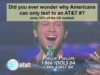 Did you ever wonder why Americans
                    can only text to an AT&T #?
                       (only 32% of the ...