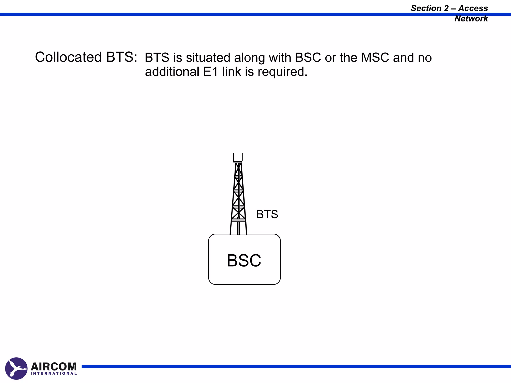 Section 2 – Access
                                                                       Network



Collocated BTS: BTS is situated along with BSC or the MSC and no
                 additional E1 link is required.




                                      BTS



                                BSC
 