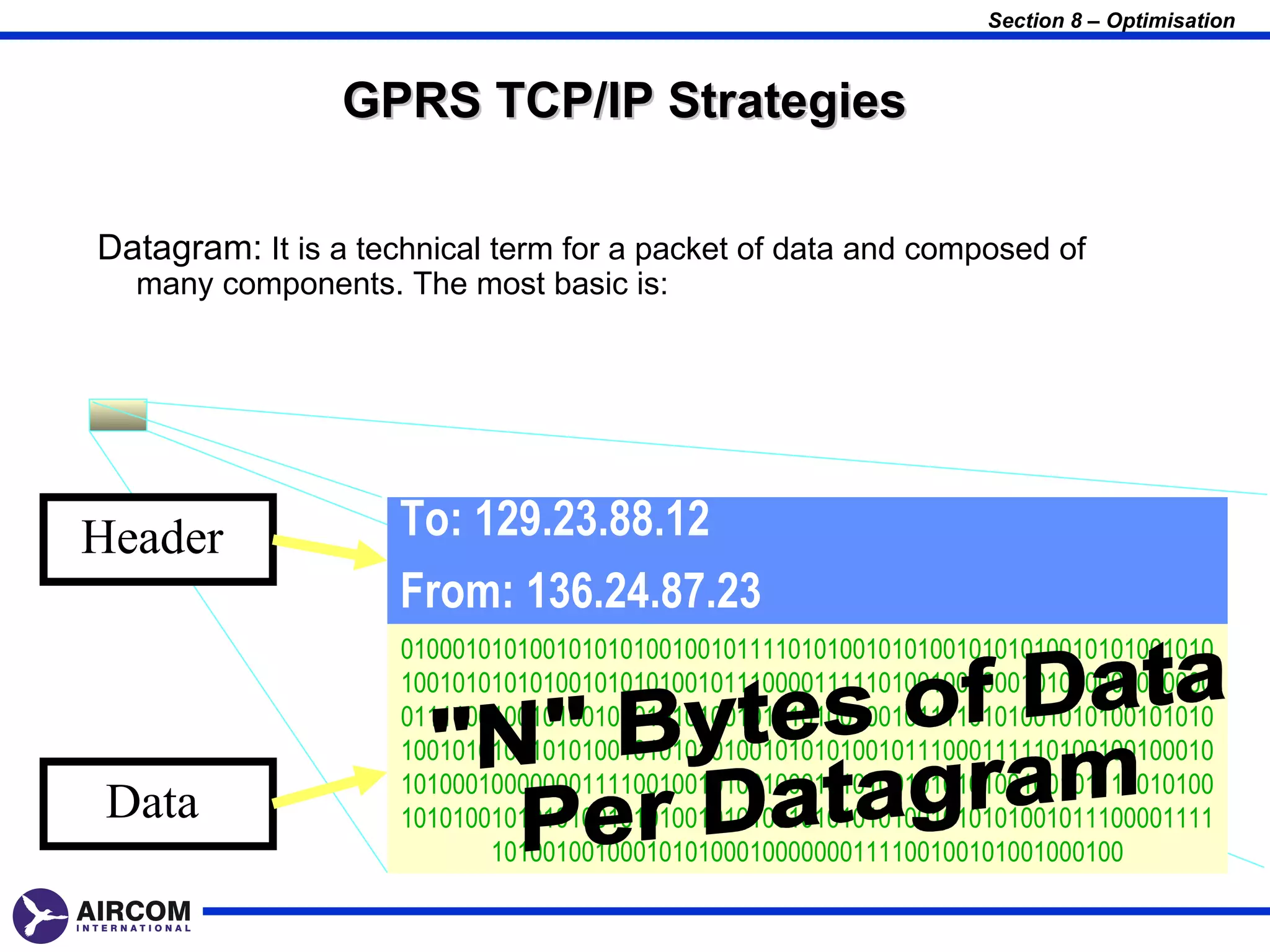 Section 8 – Optimisation



                 GPRS TCP/IP Strategies

Datagram: It is a technical term for a packet of data and composed of
  many components. The most basic is:




Header               To: 129.23.88.12
                     From: 136.24.87.23
                     010001010100101010100100101111010100101010010101010010101001010
                     100101010101001010101001011100001111101001001000101010001000000
                     011110010010100100010101001010101001001011110101001010100101010
                     100101010010101001010101010010101010010111000111110100100100010
                     101000100000001111001001010010001010100101010100100101111010100
 Data                101010010101010010101001010100101010101001010101001011100001111
                            1010010010001010100010000000111100100101001000100
 