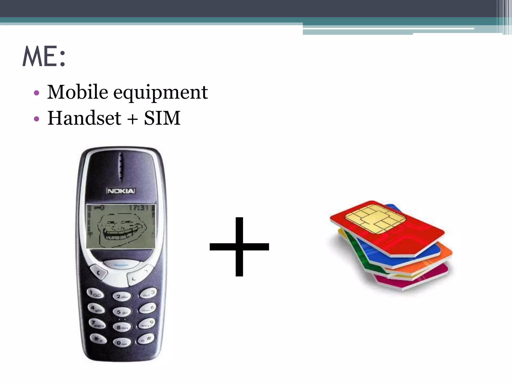 ME:
• Mobile equipment
• Handset + SIM




                 +
 