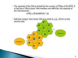 

The capacity of the Cell is limited by the number of TRUs of the BTS. If
a Cell has 4 TRUs (each TRU handles one ARFCN), the capacity of
the Cell becomes :
4TRU x 8TS/ARFCN = 32



Cell size ranges from some 100 m in cities to, e.g., 35 km on the
country side
7
6

2
1

5
7
6
Cluster-1

1

5

3
4

Cluster-1

2
3

4

18

 