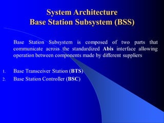 System Architecture
Base Station Subsystem (BSS)
 