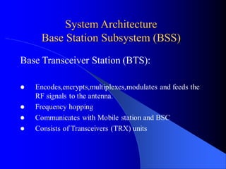 System Architecture
Base Station Subsystem (BSS)
 