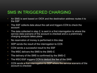 SMS IN TRIGGERED CHARGING 
• An SMS is sent based on OICK and the destination address routes it to 
the SSF 
• The SSF col...