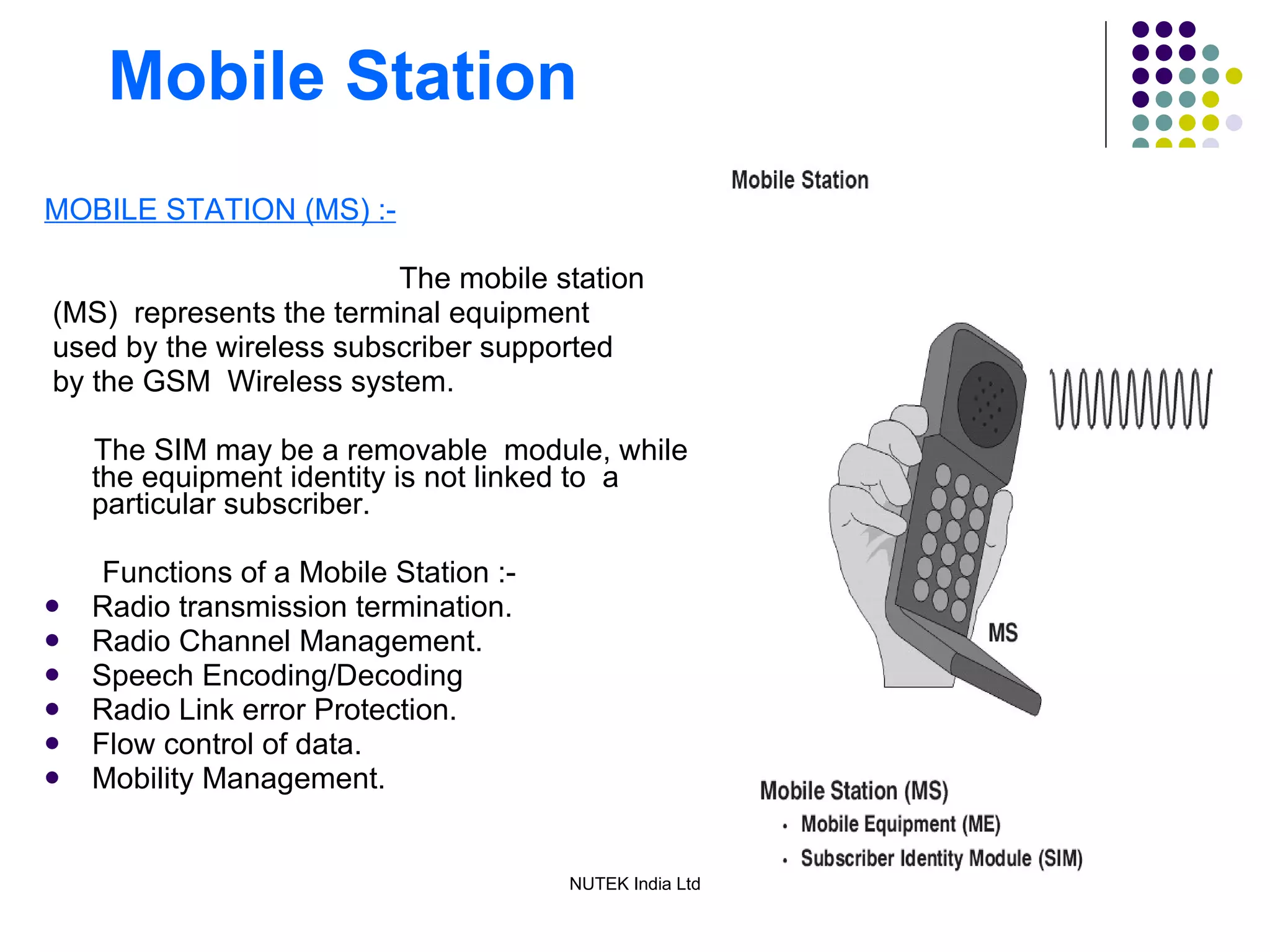 Mobile Station MOBILE STATION (MS) :- The mobile station (MS)  represents the terminal equipment used by the wireless subscriber supported by the GSM  Wireless system. The SIM may be a removable  module, while the equipment identity is not linked to  a particular subscriber. Functions of a Mobile Station :- Radio transmission termination.  Radio Channel Management. Speech Encoding/Decoding Radio Link error Protection. Flow control of data. Mobility Management. 
