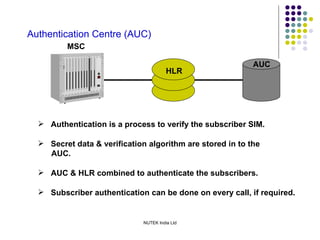 Authentication Centre (AUC) HLR MSC Authentication is a process to verify the subscriber SIM. Secret data & verification algorithm are stored in to the AUC. AUC & HLR combined to authenticate the subscribers. Subscriber authentication can be done on every call, if required. AUC 