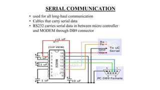 SERIAL COMMUNICATION
• used for all long-haul communication
• Cables that carry serial data
• RS232 carries serial data in between micro controller
and MODEM through DB9 connector
 