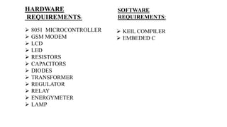 HARDWARE
REQUIREMENTS:
 8051 MICROCONTROLLER
 GSM MODEM
 LCD
 LED
 RESISTORS
 CAPACITORS
 DIODES
 TRANSFORMER
 REGULATOR
 RELAY
 ENERGYMETER
 LAMP
SOFTWARE
REQUIREMENTS:
 KEIL COMPILER
 EMBEDED C
 