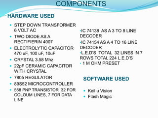 COMPONENTS
HARDWARE USED
•IC 74138 AS A 3 TO 8 LINE
DECODER
•IC 74154 AS A 4 TO 16 LINE
DECODER
•L.E.D’S TOTAL 32 LINES IN 7
ROWS TOTAL 224 L.E.D’S
• 1 M OHM PRESET
 STEP DOWN TRANSFORMER
6 VOLT AC
 TWO DIODE AS A
RECTIFIERIN 4007
 ELECTROLYTIC CAPACITOR
470 uF, 100 uF, 10uF
 CRYSTAL 3.58 Mhz
 22pF CERAMIC CAPACITOR
WITH CRYSTAL
 7805 REGULATOR
 89S52 MICROCONTROLLER
 558 PNP TRANSISTOR 32 FOR
COLOUM LINES, 7 FOR DATA
LINE
SOFTWARE USED
 Keil u Vision
 Flash Magic
 