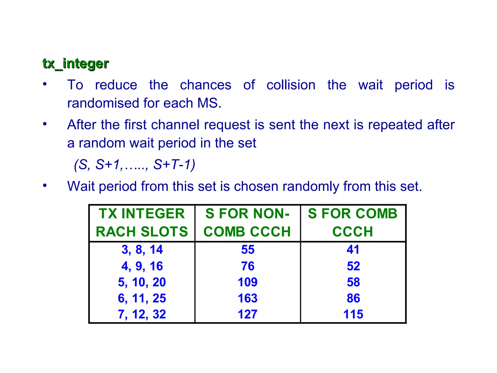 tx_integer
• To reduce the chances of collision the wait period is
    randomised for each MS.
•   After the first channel request is sent the next is repeated after
    a random wait period in the set
     (S, S+1,….., S+T-1)
•   Wait period from this set is chosen randomly from this set.
        TX INTEGER         S FOR NON-       S FOR COMB
        RACH SLOTS         COMB CCCH           CCCH
             3, 8, 14            55                41
             4, 9, 16            76                52
            5, 10, 20           109                58
            6, 11, 25           163                86
            7, 12, 32           127               115
 