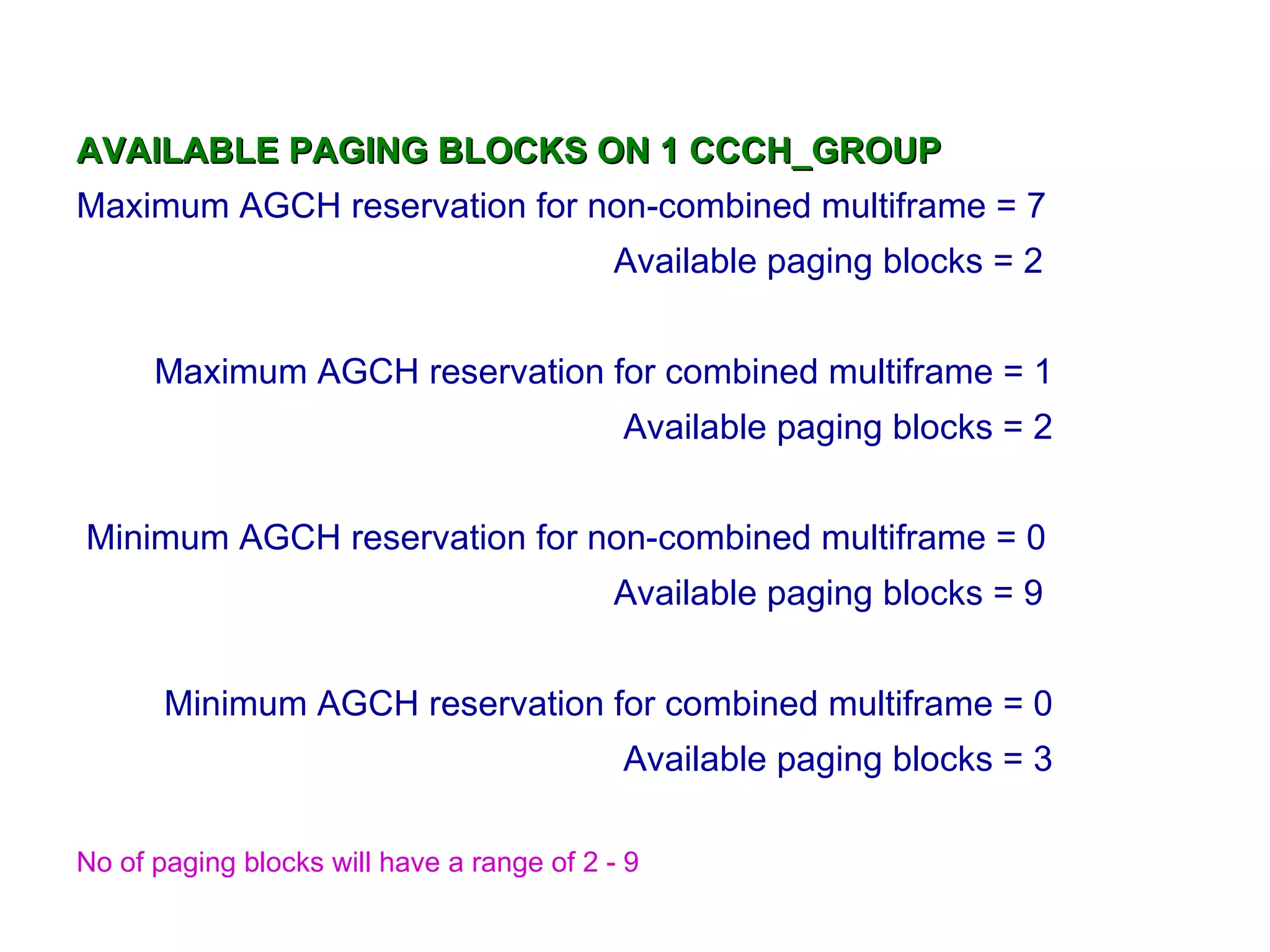 AVAILABLE PAGING BLOCKS ON 1 CCCH_GROUP
Maximum AGCH reservation for non-combined multiframe = 7
                                           Available paging blocks = 2


      Maximum AGCH reservation for combined multiframe = 1
                                            Available paging blocks = 2


Minimum AGCH reservation for non-combined multiframe = 0
                                           Available paging blocks = 9


       Minimum AGCH reservation for combined multiframe = 0
                                            Available paging blocks = 3

No of paging blocks will have a range of 2 - 9
 