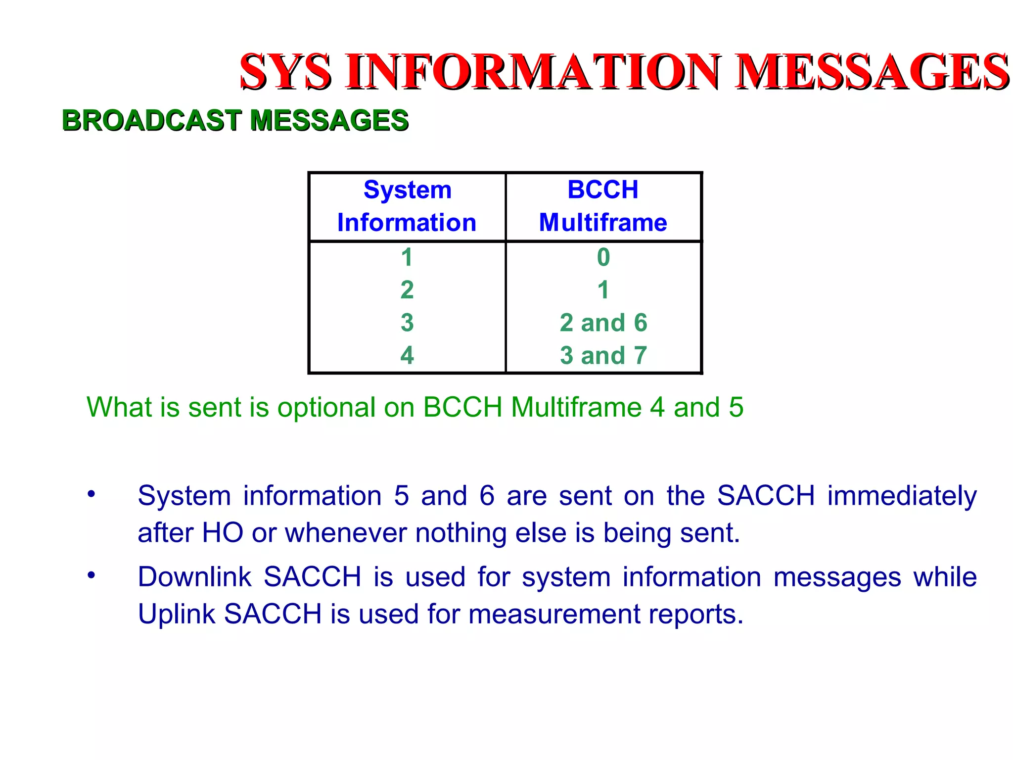 SYS INFORMATION MESSAGES
BROADCAST MESSAGES

                      System          BCCH
                    Information     Multiframe
                         1               0
                         2               1
                         3           2 and 6
                         4           3 and 7

 What is sent is optional on BCCH Multiframe 4 and 5


 •   System information 5 and 6 are sent on the SACCH immediately
     after HO or whenever nothing else is being sent.
 •   Downlink SACCH is used for system information messages while
     Uplink SACCH is used for measurement reports.
 