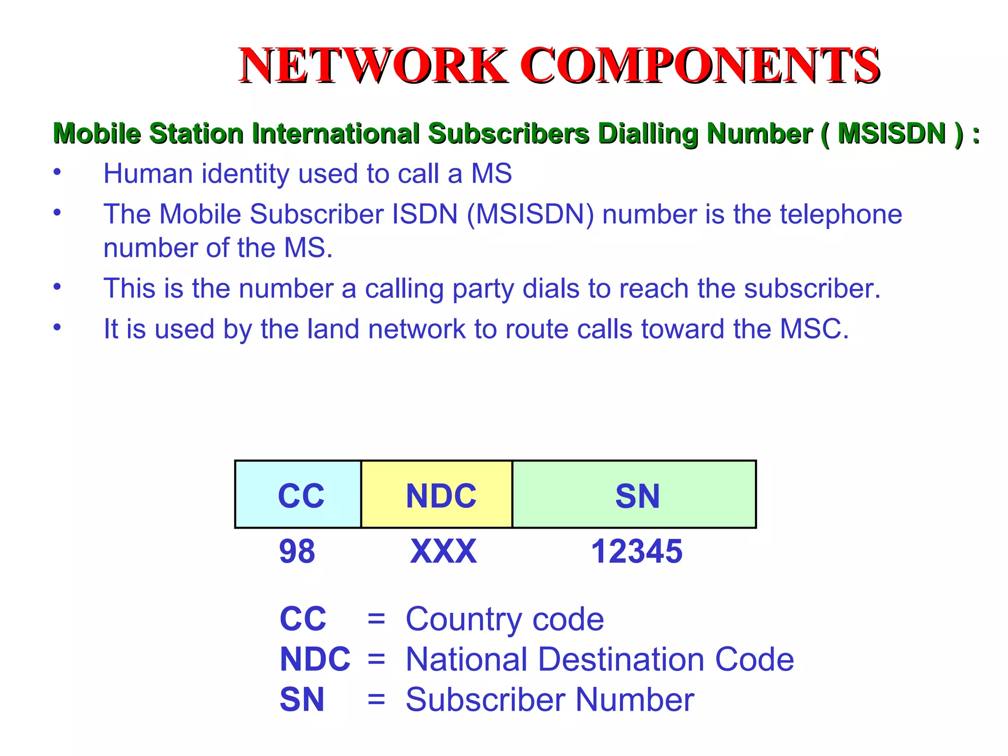 NETWORK COMPONENTS
Mobile Station International Subscribers Dialling Number ( MSISDN ) :
• Human identity used to call a MS
• The Mobile Subscriber ISDN (MSISDN) number is the telephone
   number of the MS.
• This is the number a calling party dials to reach the subscriber.
• It is used by the land network to route calls toward the MSC.




                CC        NDC            SN
                98        XXX          12345

                CC = Country code
                NDC = National Destination Code
                SN = Subscriber Number
 
