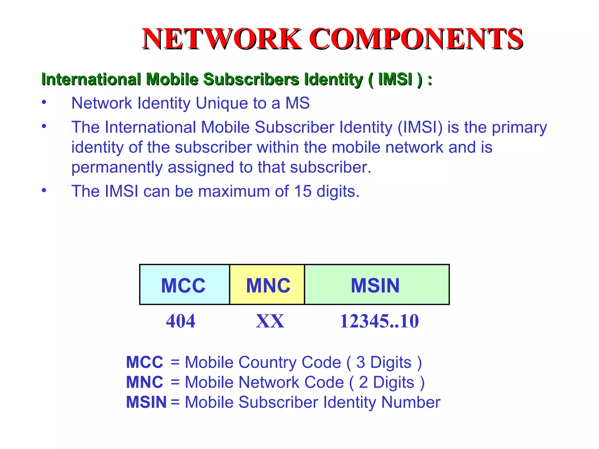 NETWORK COMPONENTS
International Mobile Subscribers Identity ( IMSI ) :
• Network Identity Unique to a MS
• The International Mobile Subscriber Identity (IMSI) is the primary
    identity of the subscriber within the mobile network and is
    permanently assigned to that subscriber.
• The IMSI can be maximum of 15 digits.




                MCC        MNC           MSIN
                404         XX          12345..10

           MCC = Mobile Country Code ( 3 Digits )
           MNC = Mobile Network Code ( 2 Digits )
           MSIN = Mobile Subscriber Identity Number
 