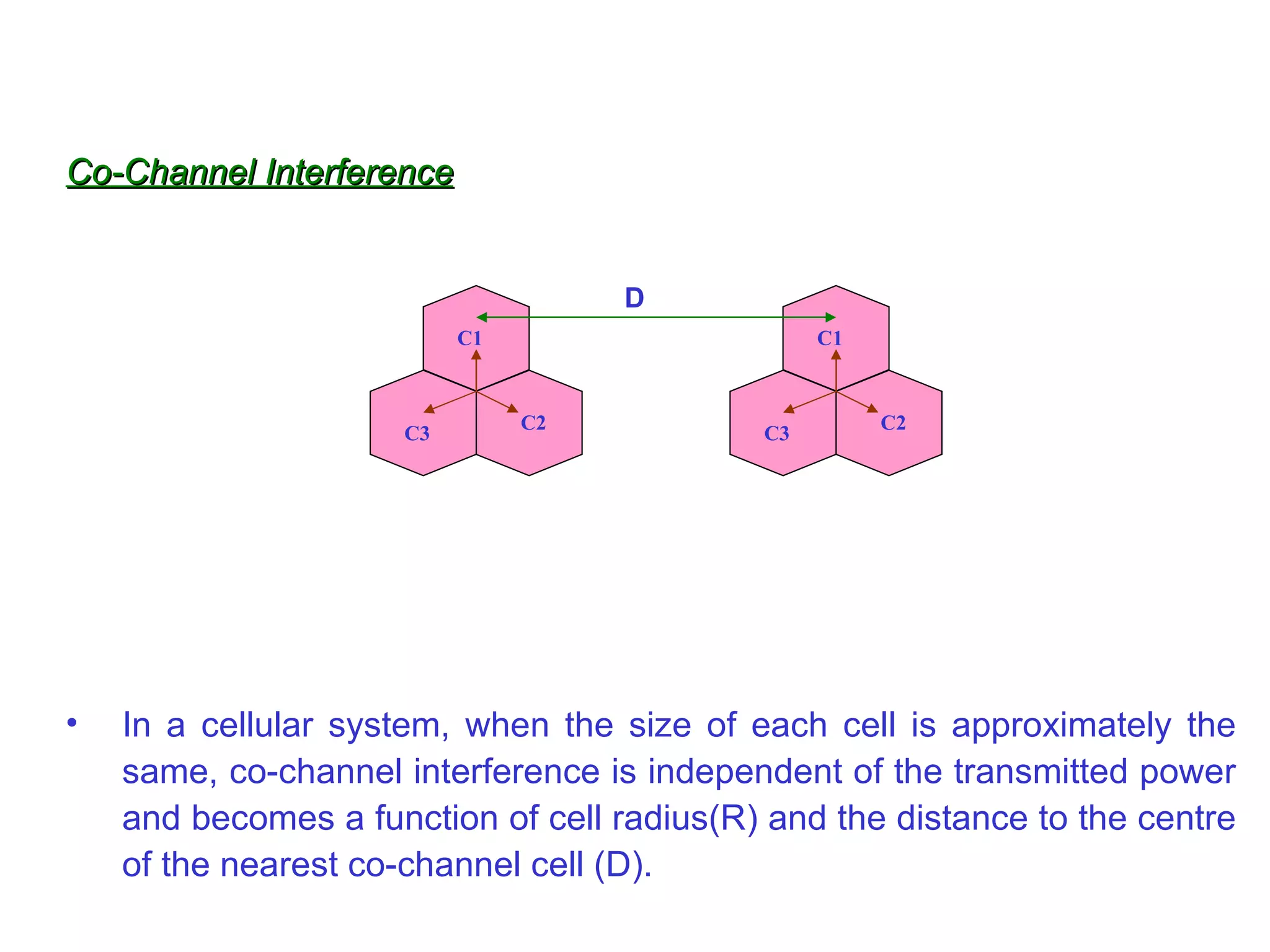 Co-Channel Interference


                                    D
                          C1                     C1



                               C2                     C2
                     C3                     C3




•   In a cellular system, when the size of each cell is approximately the
    same, co-channel interference is independent of the transmitted power
    and becomes a function of cell radius(R) and the distance to the centre
    of the nearest co-channel cell (D).
 