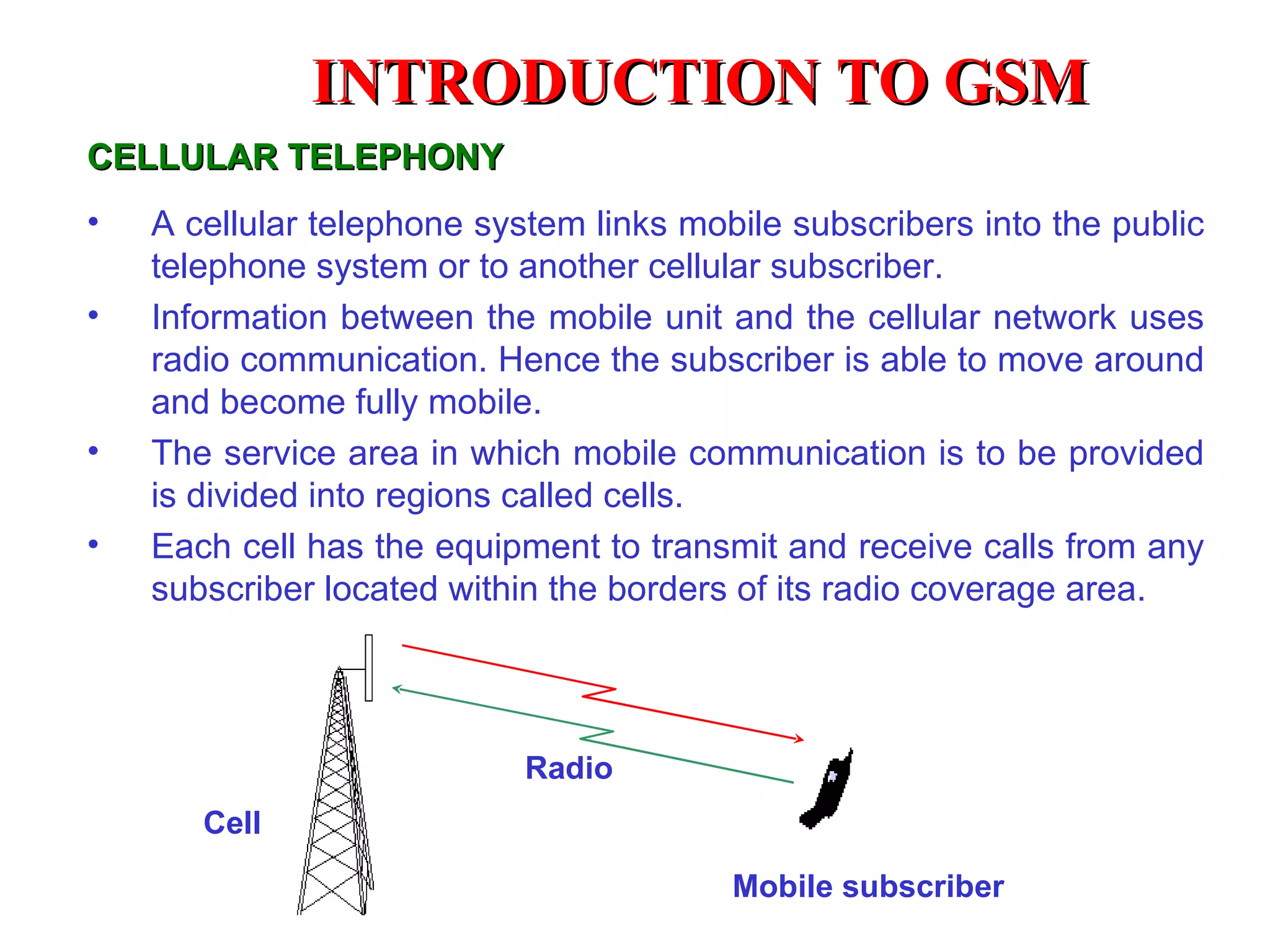 INTRODUCTION TO GSM
CELLULAR TELEPHONY
•   A cellular telephone system links mobile subscribers into the public
    telephone system or to another cellular subscriber.
•   Information between the mobile unit and the cellular network uses
    radio communication. Hence the subscriber is able to move around
    and become fully mobile.
•   The service area in which mobile communication is to be provided
    is divided into regions called cells.
•   Each cell has the equipment to transmit and receive calls from any
    subscriber located within the borders of its radio coverage area.




                            Radio
       Cell

                                         Mobile subscriber
 