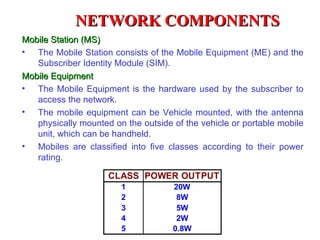 NETWORK COMPONENTS
Mobile Station (MS)
• The Mobile Station consists of the Mobile Equipment (ME) and the
   Subscriber Identity Module (SIM).
Mobile Equipment
• The Mobile Equipment is the hardware used by the subscriber to
   access the network.
• The mobile equipment can be Vehicle mounted, with the antenna
   physically mounted on the outside of the vehicle or portable mobile
   unit, which can be handheld.
• Mobiles are classified into five classes according to their power
   rating.

                     CLASS POWER OUTPUT
                        1            20W
                        2             8W
                        3             5W
                        4             2W
                        5            0.8W
 